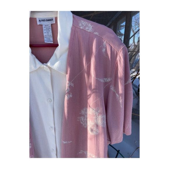 Vintage 90s Grannycore Twin Set Shirt Top Pink White Linen Blend Collared Volup - Picture 2 of 5